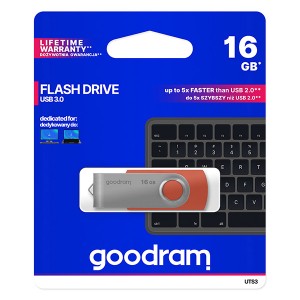 Goodram USB flash disk, USB 3.0 (3.2 Gen 1), 16GB, UTS3, červený, UTS3-0160R0R11, USB A, s otočnou krytkou