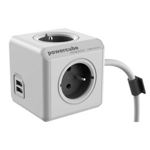 Síťový kabel 230V prodlužovací, CEE7 (vidlice)-POWERCUBE, 3m, EXTENDED USB, šedý, POWERCUBE, 4 zásuvky, dětské pojistky