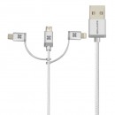 Kabel USB (2.0), USB A M- Lightning M + USB C M + MicroUSB M, 1.2m, kulatý, stříbrný, Promate, Opletený, Trio