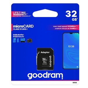 Goodram Micro Secure Digital Card, 32GB, micro SDHC, M1AA-0320R12, UHS-I U1 (Class 10), s adaptérem