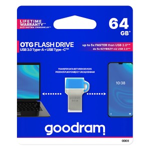 Goodram USB flash disk OTG, USB 3.0 (3.2 Gen 1), 64GB, ODD3, modrý, ODD3-0640B0R11, USB A / USB C, s krytkou