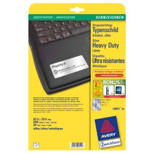 Avery Zweckform etikety 63.5mm x 29.6mm, A4, stříbrné, 27 etiket, velmi odolné, baleno po 20 ks, L6011-20, pro laserové tiskárny