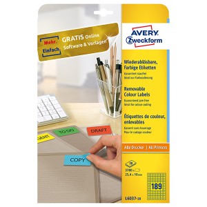 Avery Zweckform etikety 25.4mm x 10mm, A4, žluté, 189 etiket, mini, snímatelné, baleno po 20 ks, L6037-20, pro laserové a inkousto