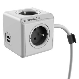Síťový kabel 230V prodlužovací, CEE7 (vidlice)-POWERCUBE, 1.5m, EXTENDED USB, šedý, POWERCUBE, 2x USB port, 4 zásuvky, dětské poji