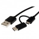 Kabel USB (2.0), USB A M- USB micro B M + USB-C M, 1m, kulatý, černý, plastic bag, s redukcí na USB C