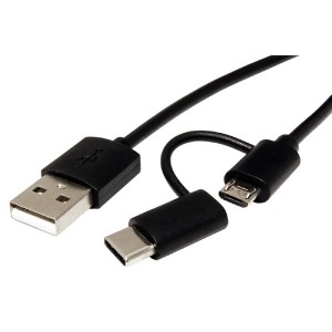 Kabel USB (2.0), USB A M- USB micro B M + USB-C M, 1m, kulatý, černý, plastic bag, s redukcí na USB C