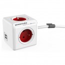 Síťový kabel 230V prodlužovací, CEE7 (vidlice)-POWERCUBE, 1.5m, EXTENDED USB, červený, POWERCUBE, 4 zásuvky, 2xUSB port,dětská poj