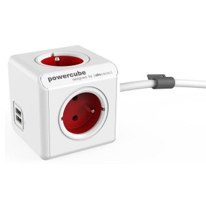 Síťový kabel 230V prodlužovací, CEE7 (vidlice)-POWERCUBE, 1.5m, EXTENDED USB, červený, POWERCUBE, 4 zásuvky, 2xUSB port,dětská poj