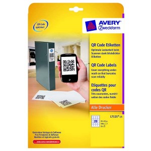 Avery Zweckform etikety 45mm x 45mm, A4, bílé, 20 etiket, pro umístění QR kódů, baleno po 25 ks, L7121-25, pro laserové a inkousto