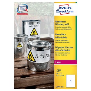 Avery Zweckform etikety 210mm x 297mm, A4, matné, bílé, 1 etiketa, velmi odolné, baleno po 100 ks, L4775-100, pro laserové tiskárn