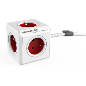Síťový kabel 230V prodlužovací, CEE7 (vidlice)-POWERCUBE, 1.5m, EXTENDED, červený, POWERCUBE, 5 zásuvek, dětské pojistky, montážní