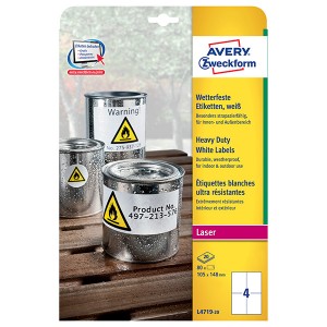 Avery Zweckform etikety 105mm x 148mm, A4, matné, bílé, 4 etikety, velmi odolné, baleno po 20 ks, L4719-20, pro laserové tiskárny 
