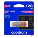Goodram USB flash disk, USB 3.0 (3.2 Gen 1), 128GB, UTS3, červený, UTS3-1280R0R11, USB A, s otočnou krytkou