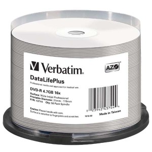 Verbatim DVD-R, 43744, DataLife PLUS, 50-pack, 4.7GB, 16X, 12cm, General, Wide Printable Surface Non-ID, cake box, Printable, pro 