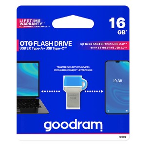 Goodram USB flash disk OTG, USB 3.0 (3.2 Gen 1), 16GB, ODD3, modrý, ODD3-0160B0R11, USB A / USB C, s krytkou