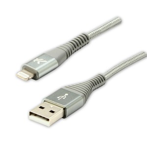 Kabel USB (2.0), USB A M- Apple Lightning C89 M, 1m, MFi certifikace, 5V/2,4A, stříbrný, Logo, box, nylonové opletení, hliníkový k