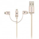 Kabel USB (2.0), USB A M- Lightning M + USB C M + MicroUSB M, 1.2m, kulatý, zlatý, Promate, Opletený, Trio