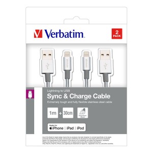 Kabel USB (2.0), USB A M- Apple Lightning M, 1m, stříbrný, Verbatim, box, 48873, 2ks, 1x100cm + 1x30cm