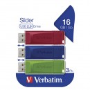 Verbatim USB flash disk, USB 2.0, 16GB, Slider, zelený, modrý, červený, 49326, USB A, s výsuvným konektorem, 3 ks