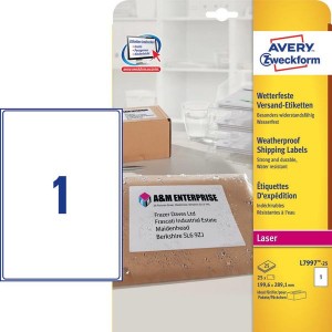 Avery Zweckform etikety 99.1mm x 139mm, A4, bílé, 1 etiketa, voděodolné, baleno po 25 ks, L7994-25, pro laserové tiskárny