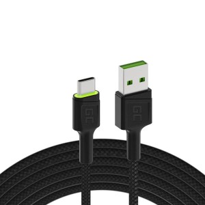 Kabel USB Green Cell GC Ray USB kabel - USB-C 200 cm se zeleným LED podsvícením, rychlé nabíjení Ultra Charge, QC 3.0
