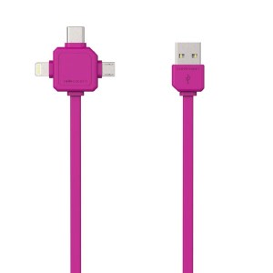 Kabel USB (2.0), USB A M- USB C / Lightning / Micro-USB, 1.5m, 3v1, růžový, Powercube, plochý