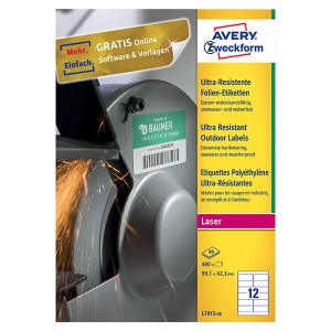Avery Zweckform etikety 99.1mm x 42.3mm, A4, bílé, 12 etiket, velmi odolné, baleno po 40 ks, L7913-40, pro laserové tiskárny a kop