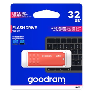 Goodram USB flash disk, USB 3.0 (3.2 Gen 1), 32GB, UME3, oranžový, UME3-0320O0R11, USB A, s krytkou