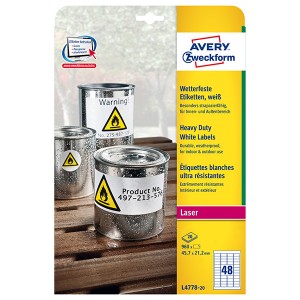 Avery Zweckform etikety 45.7mm x 21.2mm, A4, matné, bílé, 48 etiket, velmi odolné, baleno po 20 ks, L4778-20, pro laserové tiskárn