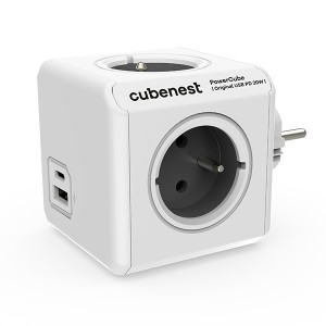 Rozbočovací zásuvka 250V, CEE7 (vidlice) - POWERCUBE, 0.1m, ORIGINAL USB, šedá, POWERCUBE, 4 zásuvky, 2xUSB porty