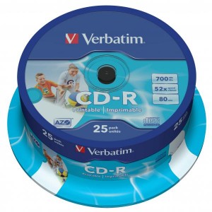 Verbatim CD-R, 43439, DataLife PLUS, 25-pack, 700MB, Super Azo, 52x, 80min., 12cm, Printable, cake box, Standard, pro archivaci da