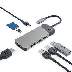 USB (3.1) hub 7-port, HUBGC01, šedý, délka kabelu 15cm, Green Cell, 3xUSB-A,1xUSB-C, 1xHDMI, 1xSD,1xmicroSD,podpora 4K