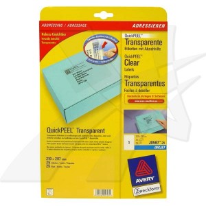 Avery Zweckform etikety 210mm x 297mm, A4, průhledné, transparentní, 1 etiketa, na balíky, baleno po 25 ks, J8567-25, pro inkousto