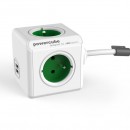 Síťový kabel 230V prodlužovací, CEE7 (vidlice)-POWERCUBE, 1.5m, EXTENDED USB, zelený, POWERCUBE, 4 zásuvky, 2xUSB port,dětská poji