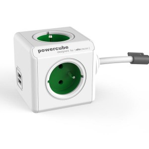 Síťový kabel 230V prodlužovací, CEE7 (vidlice)-POWERCUBE, 1.5m, EXTENDED USB, zelený, POWERCUBE, 4 zásuvky, 2xUSB port,dětská poji