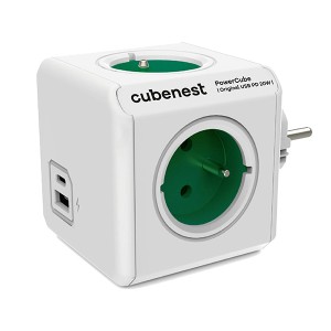 Rozbočovací zásuvka 250V, CEE7 (vidlice) - POWERCUBE, 0.1m, ORIGINAL USB, zelená, POWERCUBE, 4 zásuvky, USB A+C, Power Delivery, Q