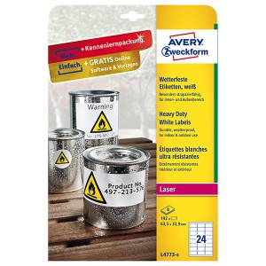 Avery Zweckform etikety 63.5mm x 33.9mm, A4, bílé, 24 etiket, velmi odolné, baleno po 8 ks, L4773-8, pro laserové tiskárny a kopír