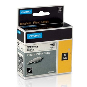 Dymo originální páska do tiskárny štítků, Dymo, 18053, S0718280, černý tisk/bílý podklad, 1,5m, 9mm, RHINO plochá smršťovací bužír