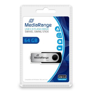 MediaRange USB flash disk, USB 2.0, 64GB, černý, MR912, USB A, swivel